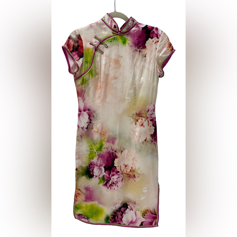 Floral Pink and White Silk Chongsem Dress by Cloth.ier